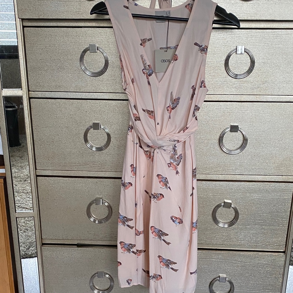 ASOS Pink Bird Print Midi Dress
